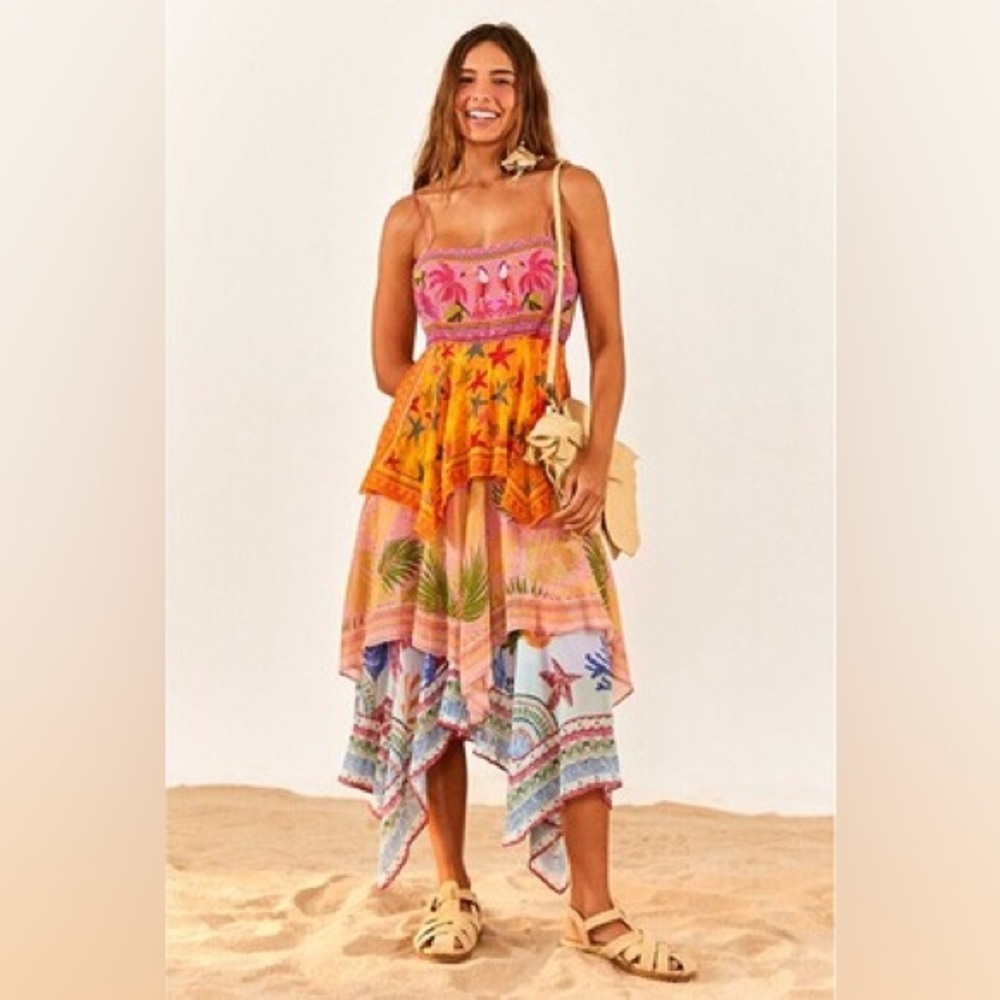 NWT FARM Rio Mixed Scarves Tiered Midi Dress Large